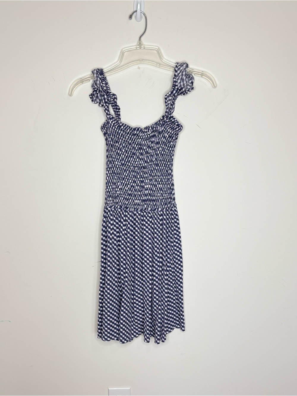 M2 Raisins Navy & White Gingham Smocked Mini Dress Ruffle Sleeve Chiffon XS